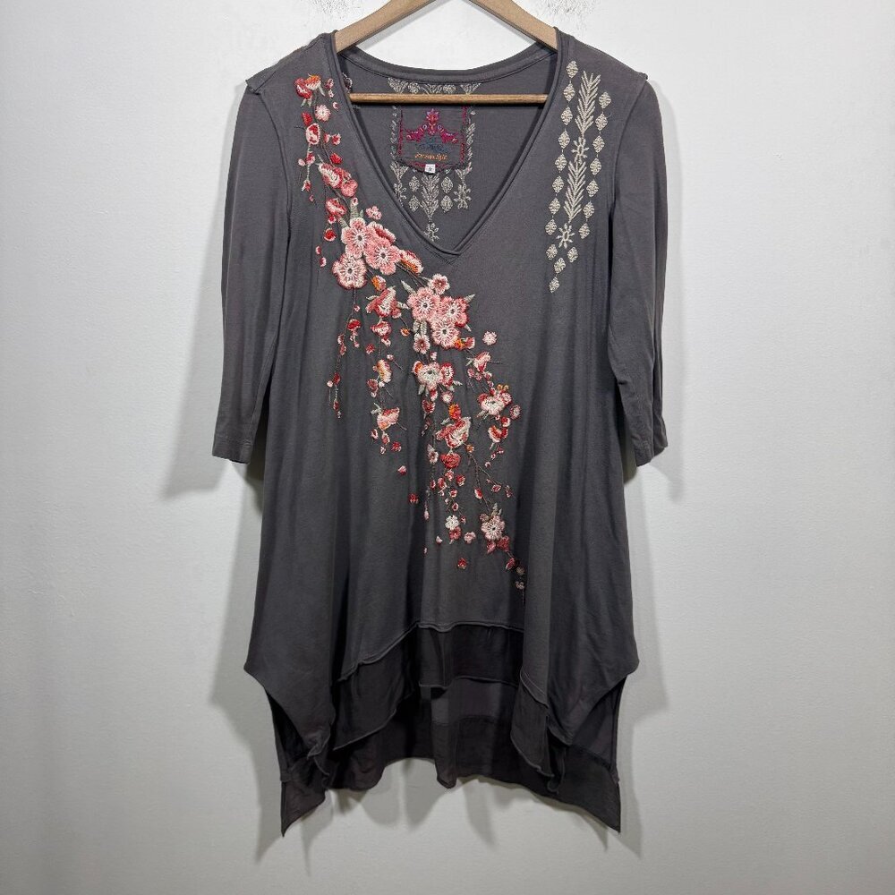 Johnny Was Cherry Blossom Floral Embroidered Cotton Tunic Top Womens Sz S Boho